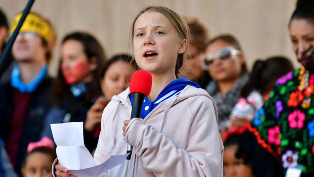 Greta Thunberg speaks to thousands of people at a climate strike rally in Denver, USA, 2019