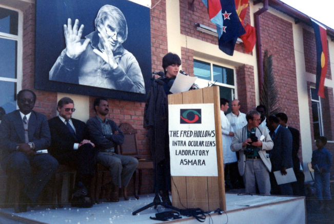 Gabi Hollows speaking at the opening of an IOL factory in Eritrea.