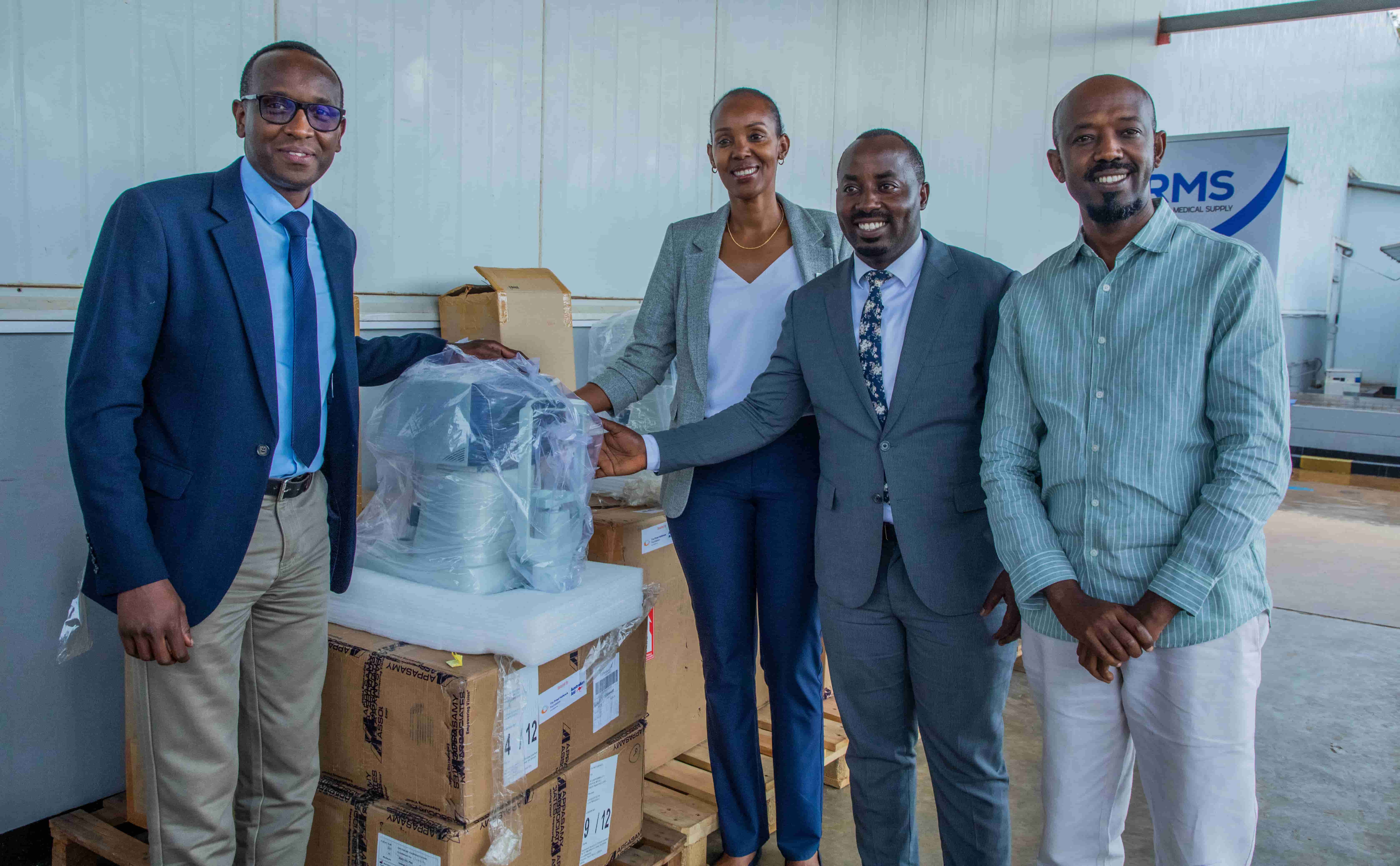 Representatives from the Ministry of Health, Rwanda Medical Supply and The Fred Hollows Foundation officially hand over ophthalmic equipment to four hospitals in Rwanda to help strengthen access to quality eye care.