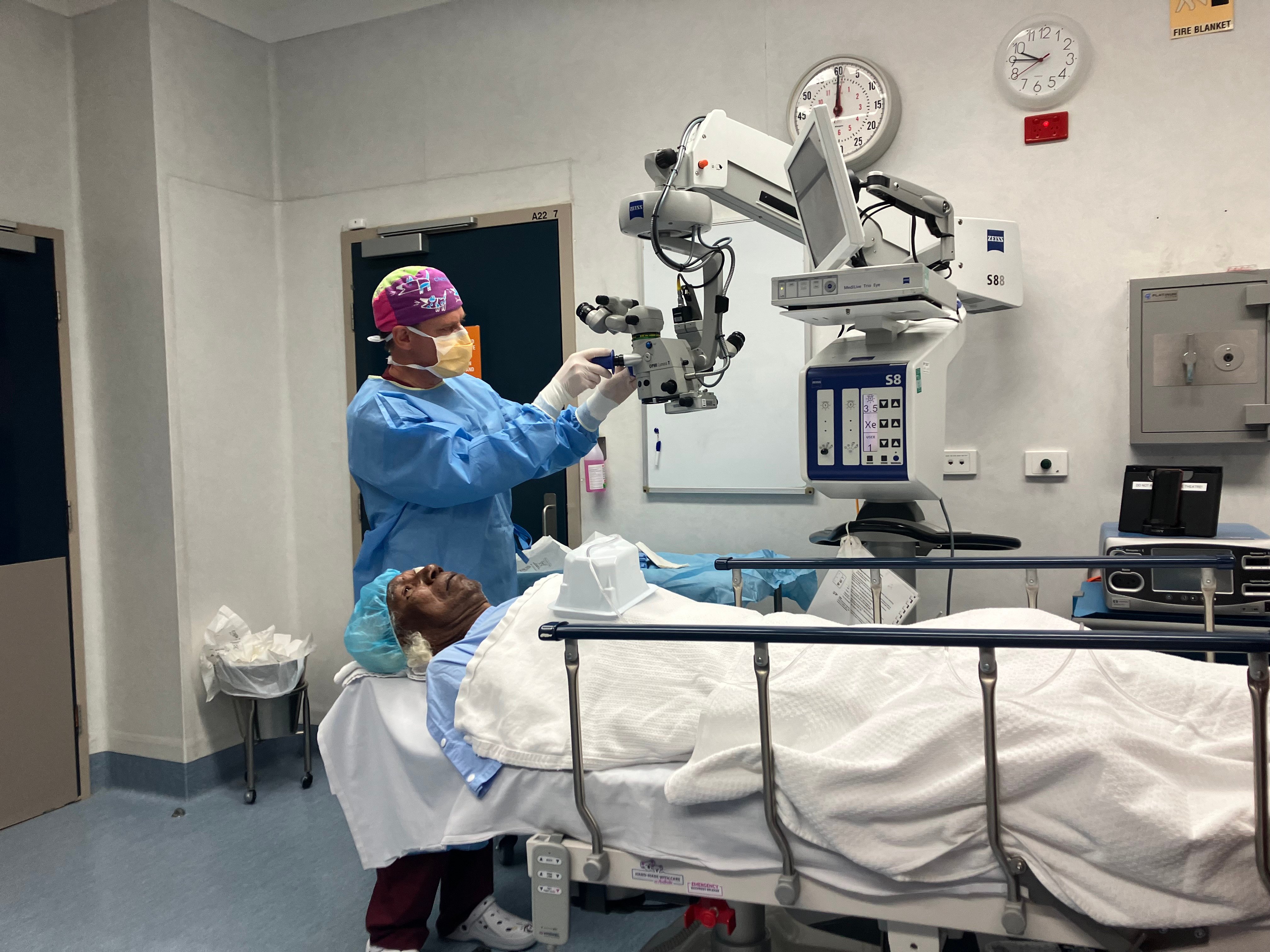 Uncle Ross Jakamarra Williams undergoes cataract surgery at Alice Springs Hospital Eye Clinic, where The Fred Hollows Foundation supports outreach care for patients travelling long distances from remote communities in the Barkly region.