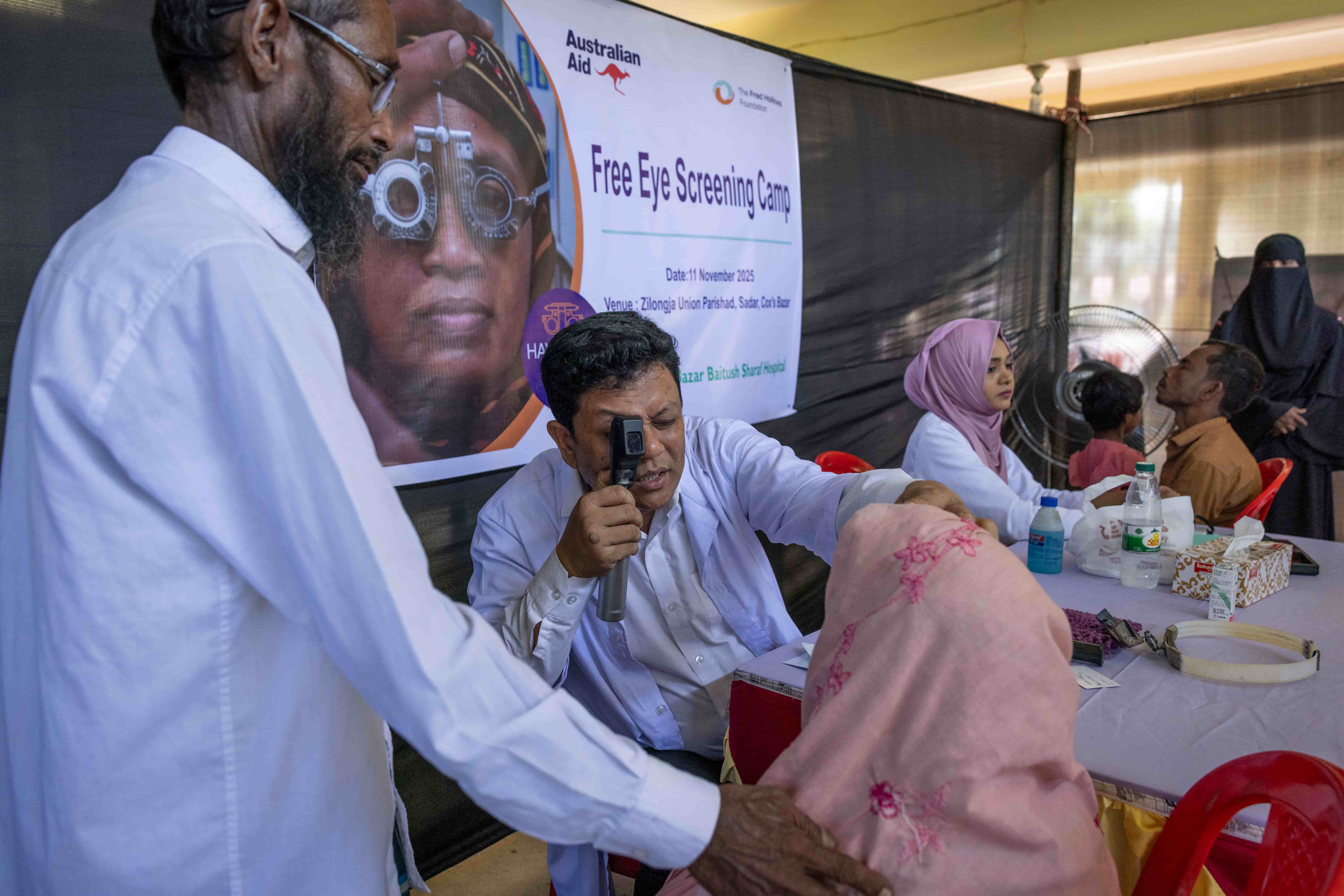 Community members attend an eye camp at Zilongja Union Parishad in Cox’s Bazar for vision screening and referrals.