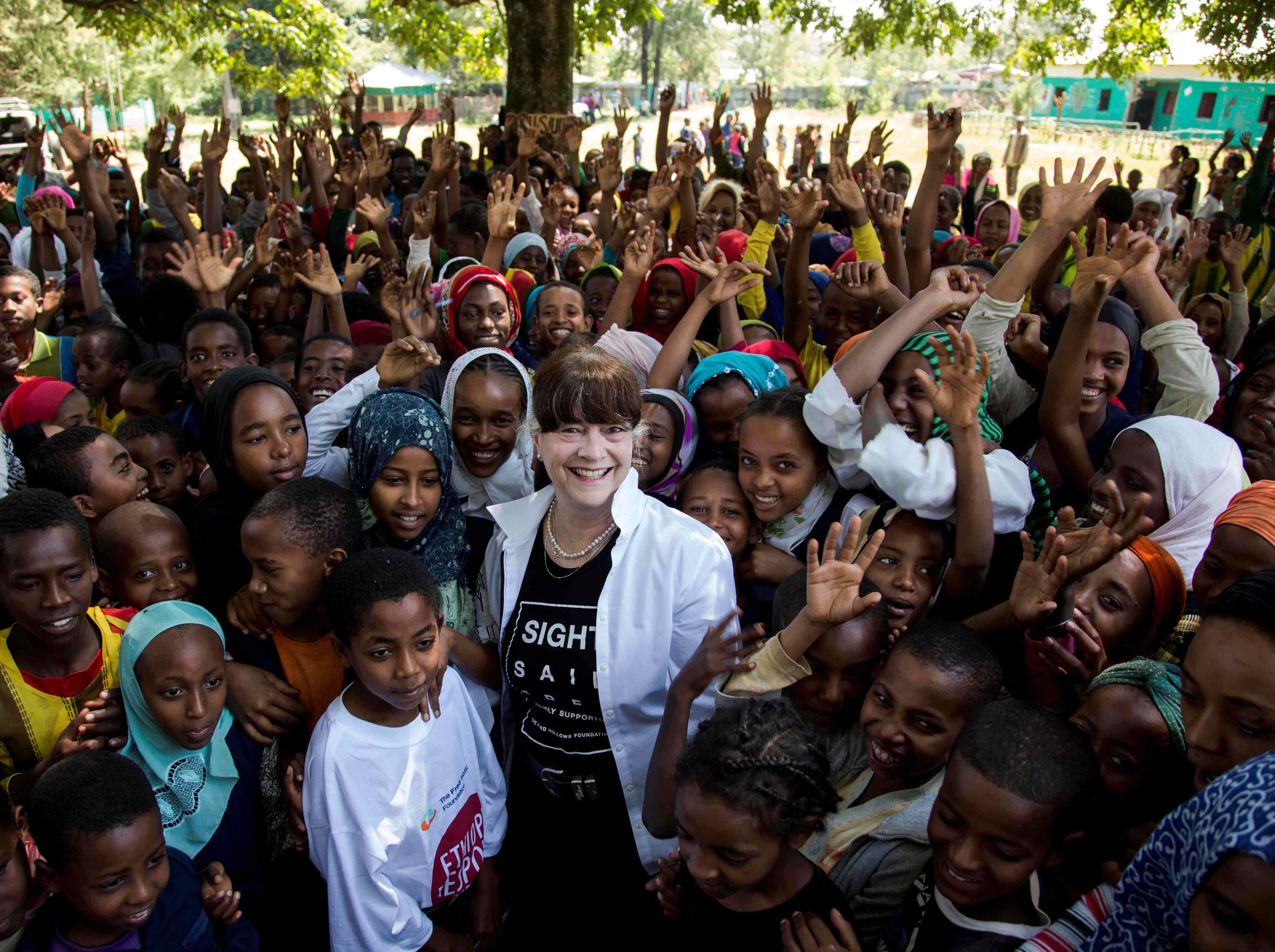 Children in Jimma, Ethiopia learn to prevent trachoma through face washing and hygiene, as Gabi Hollows visits a Fred Hollows Foundation program. 