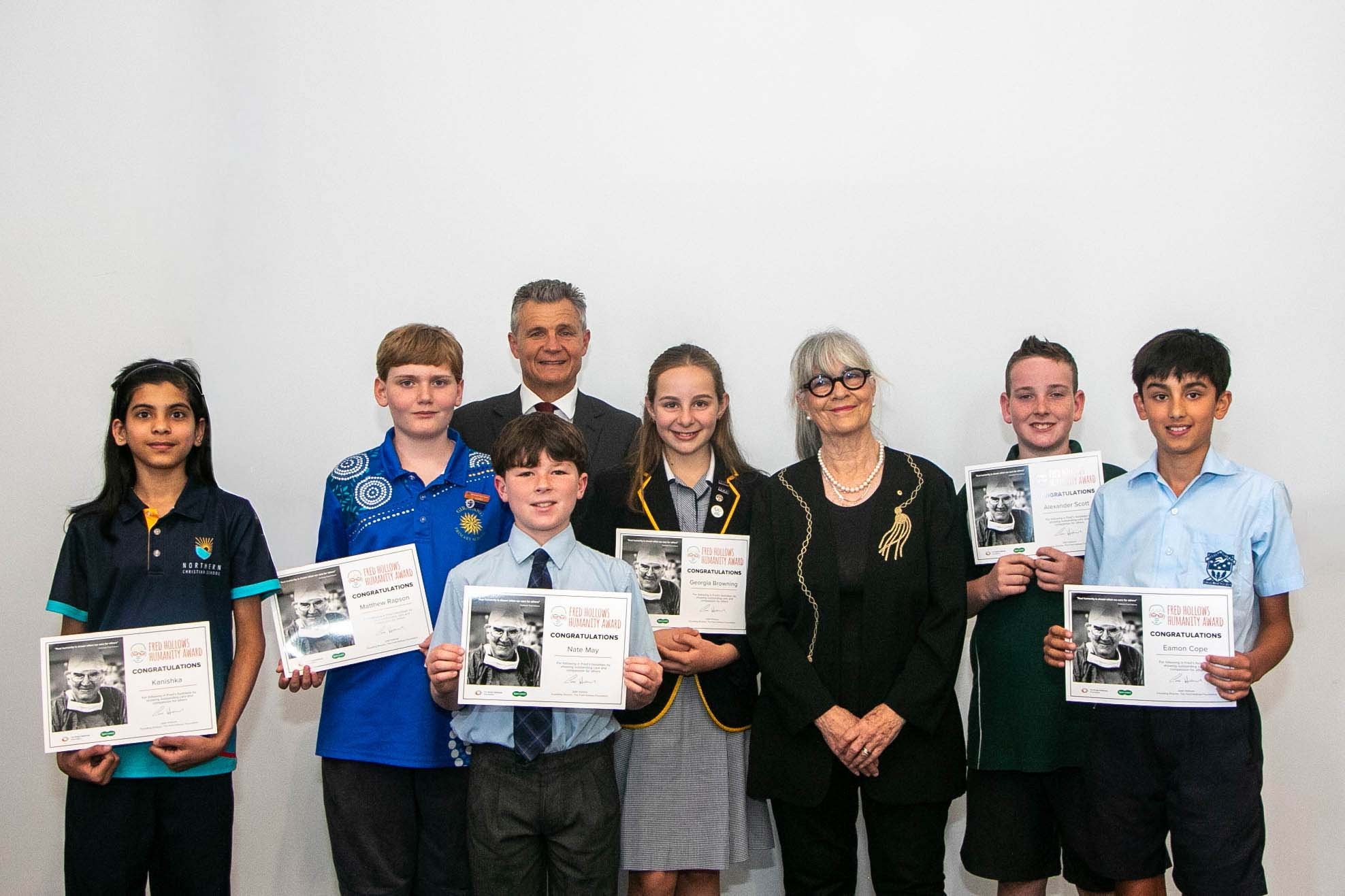 The 2025 Year 6 Humanity Award winners with Hon. Matt Thistlethwaite MP and Gabi Hollows, celebrating the next generation of young changemakers putting kindness into action.&nbsp;