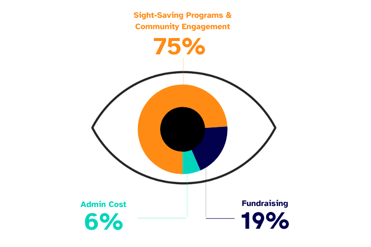 Pie chart showing breakdown of how donations are spent. For every $1 donated, 75% goes directly towards eye health programs, 6% is necessary for admin costs, and 19% goes towards investment in fundraising efforts.